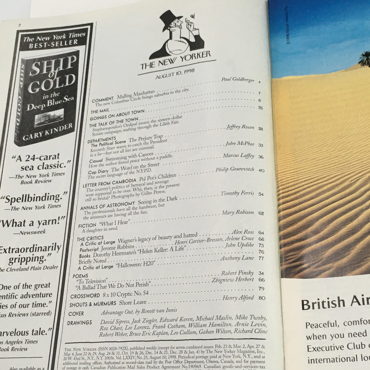 Table of contents page from The New Yorker Full Magazine August 10 1998, showcasing various featured articles and writers, including 'Advantage Out' by Benoit van Innis.