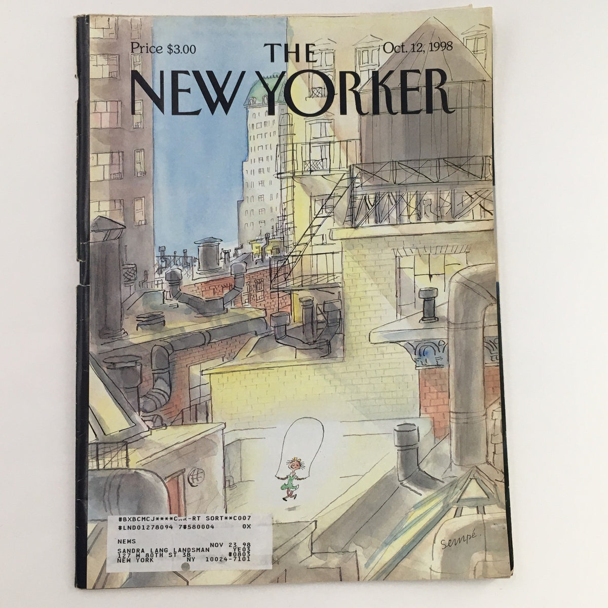 The New Yorker Full Magazine October 12 1998 cover featuring whimsical rooftop illustration by Jean-Jacques Sempé, showcasing vibrant New York city life.