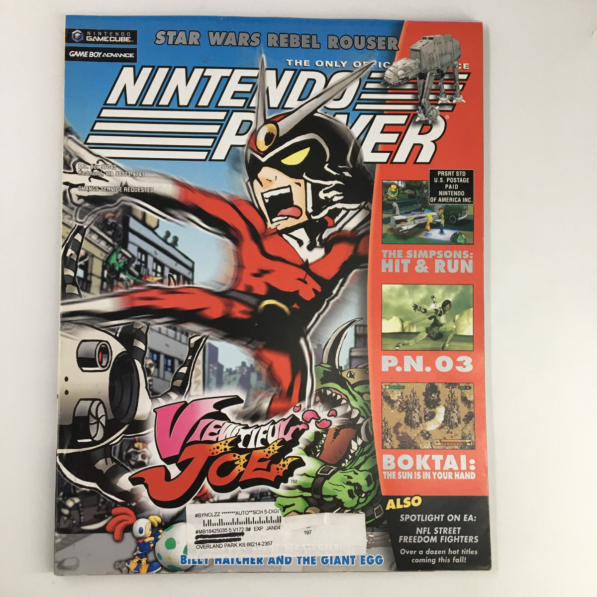 Cover of Nintendo Power Magazine Vol 172, October 2003 featuring Joe from Billy Hatcher, with vibrant artwork and a promotional Star Wars spaceship.