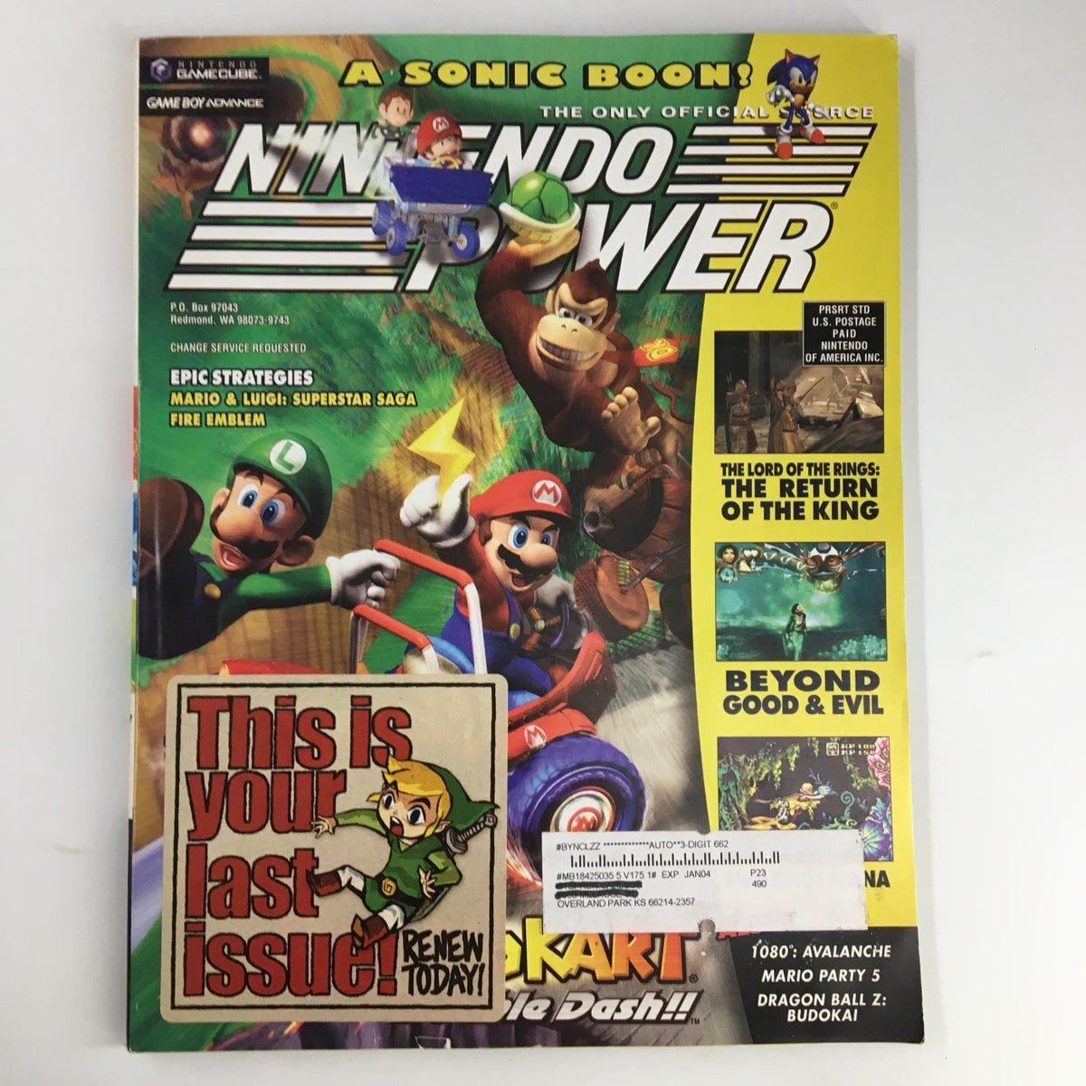 Cover of Nintendo Power Magazine Vol 175 from January 2004 featuring Mario Kart Double Dash and iconic Nintendo characters, highlighting gaming nostalgia.