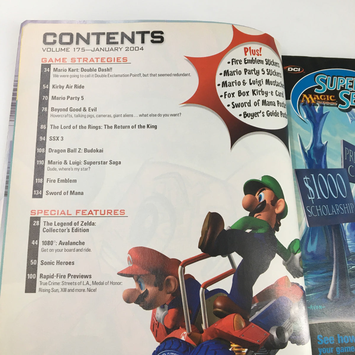 Contents page of Nintendo Power Magazine Vol 175, January 2004, showcasing game strategies including Mario Kart Double Dash and Dragon Ball Z.