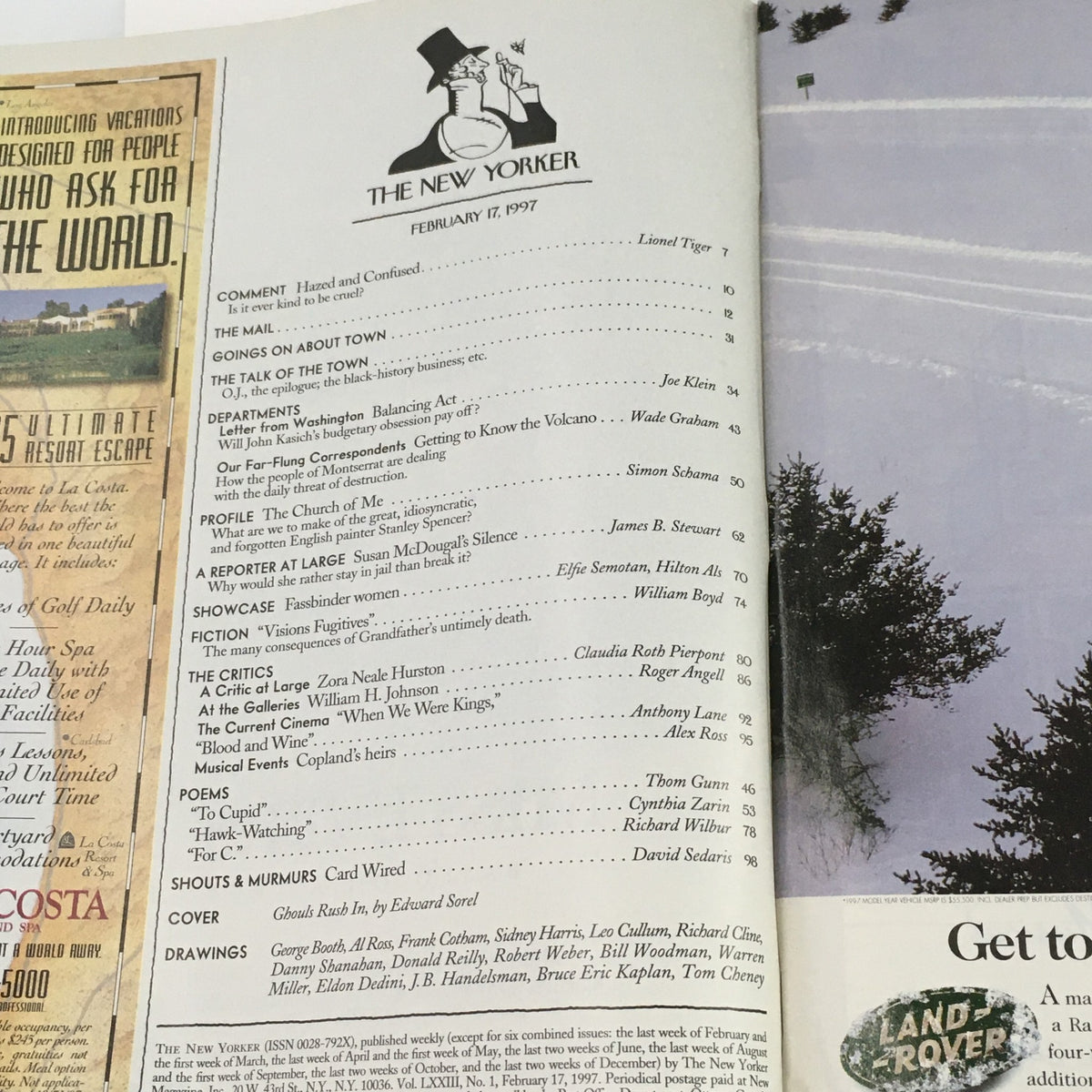Table of contents from The New Yorker magazine, February 17, 1997, detailing articles and features, including the prominently displayed logo and edition date.
