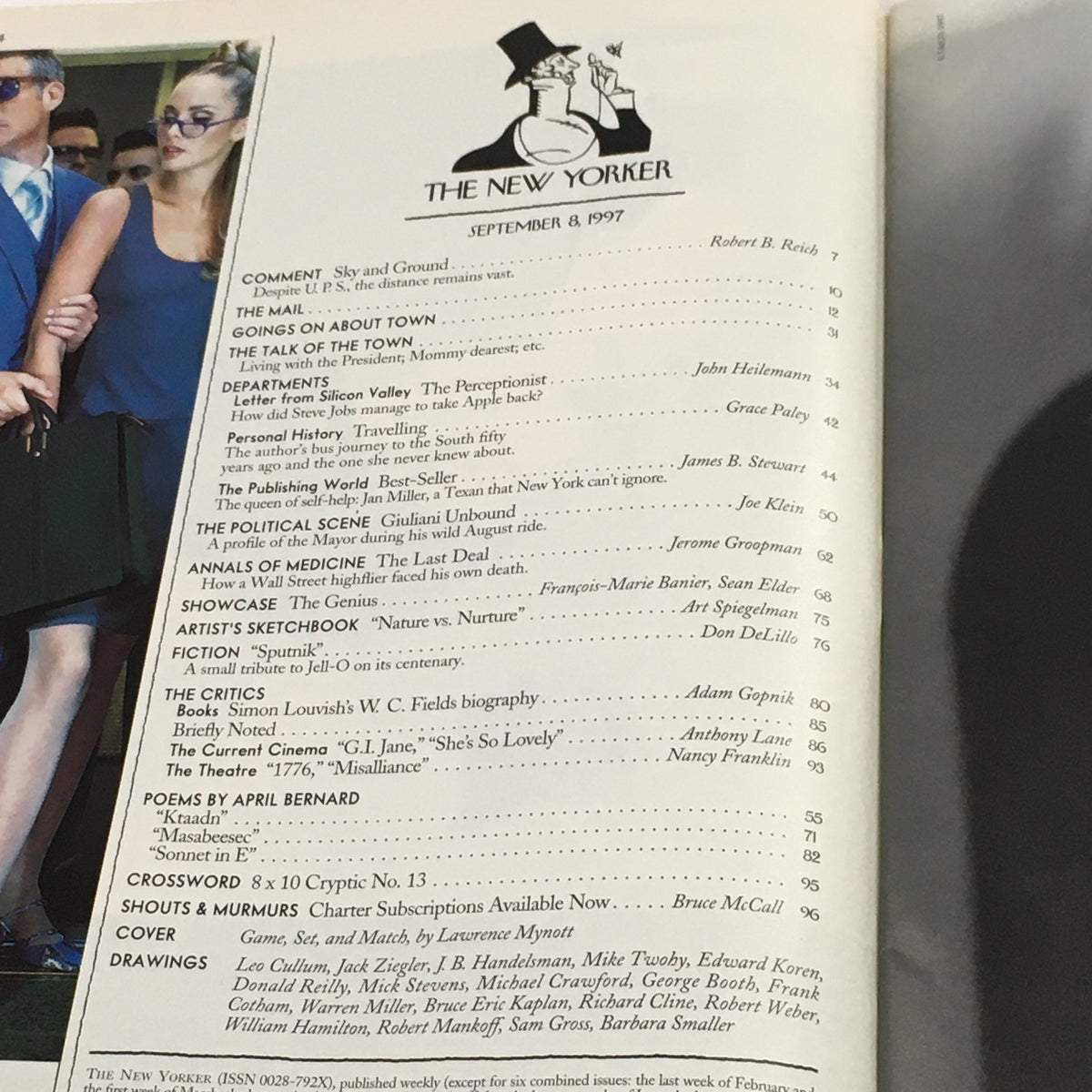 Interior page of The New Yorker Full Magazine September 8 1997, showcasing the table of contents with articles and features including 'Game, Set & Match' by Lawrence Mynott.