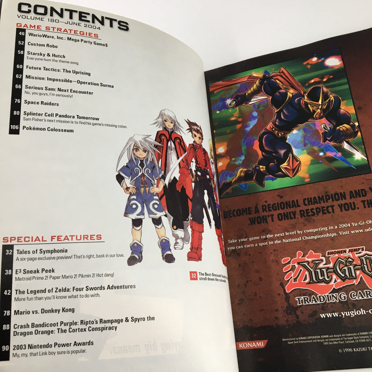 Contents page of Nintendo Power Magazine Vol 180, June 2004, highlighting featured articles including Tales of Symphonia and other gaming content.