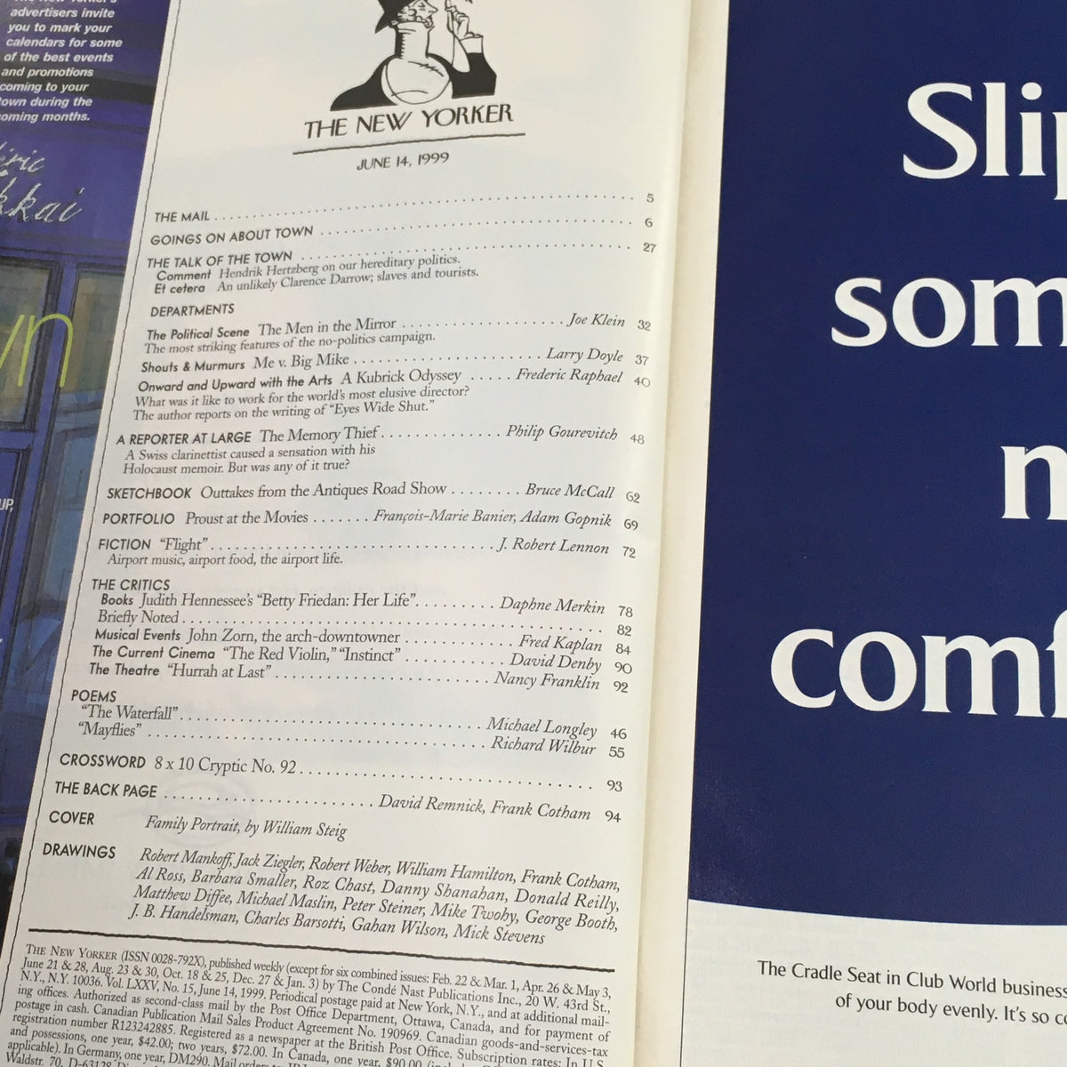 Interior page of The New Yorker Full Magazine June 14, 1999, displaying the table of contents and a blue advertisement featuring artistic typography. This issue features the 'Family Portrait' cover by William Steig.