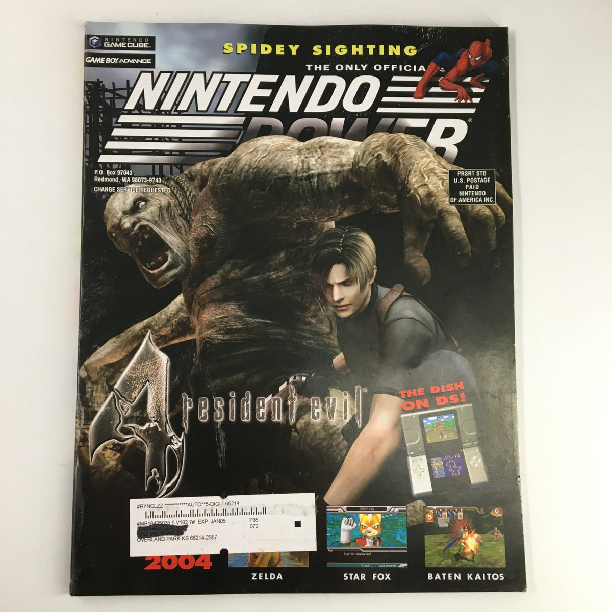 Cover of Nintendo Power Magazine #182, August 2004 featuring Resident Evil and artwork of a large monster, highlighting gaming history.