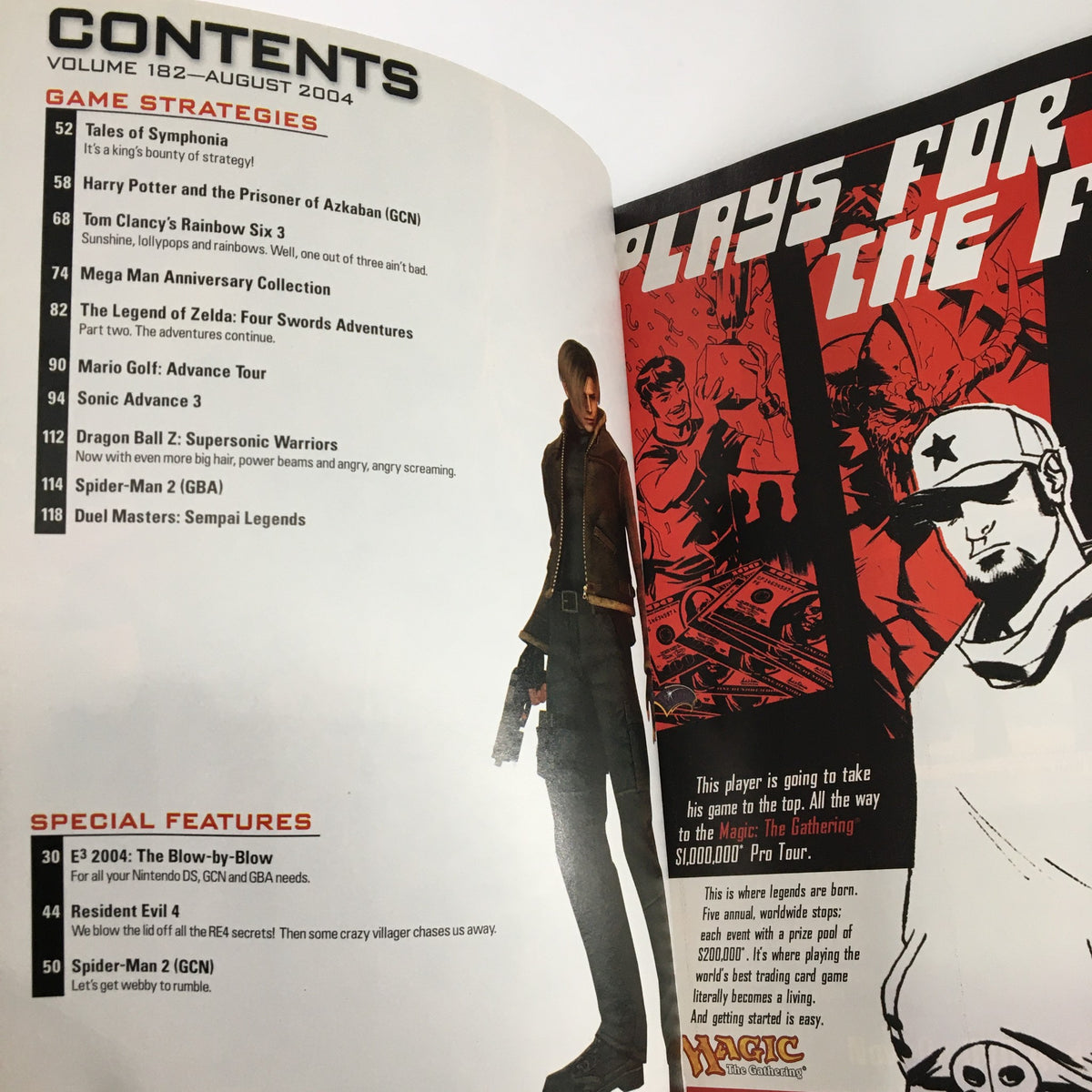 Contents page of Nintendo Power Magazine #182, August 2004, listing game strategies and special features, including articles on Resident Evil and Baten Kaitos.