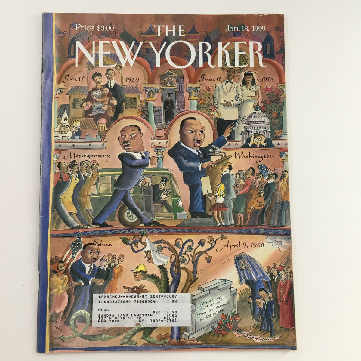 Cover of The New Yorker Full Magazine January 18 1999, featuring a colorful illustration depicting Martin Luther King Jr. along with significant historical events and figures.