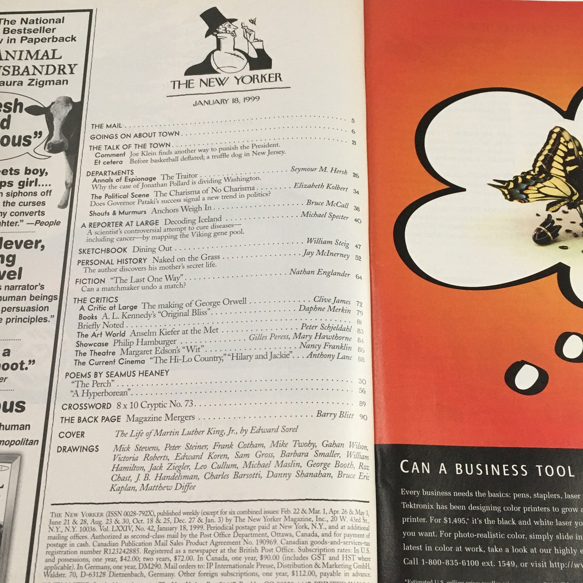 Contents page of The New Yorker Full Magazine January 18 1999 featuring articles and illustrations, including a notable feature on Martin Luther King Jr. by Edward Sorel.