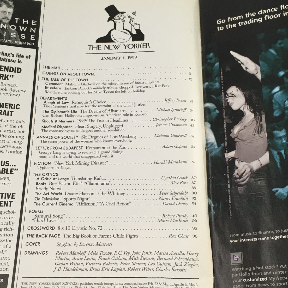 Table of contents and magazine details from The New Yorker January 11 1999, featuring various articles and commentary, emphasizing the artistic cover by Lorenzo Mattotti.
