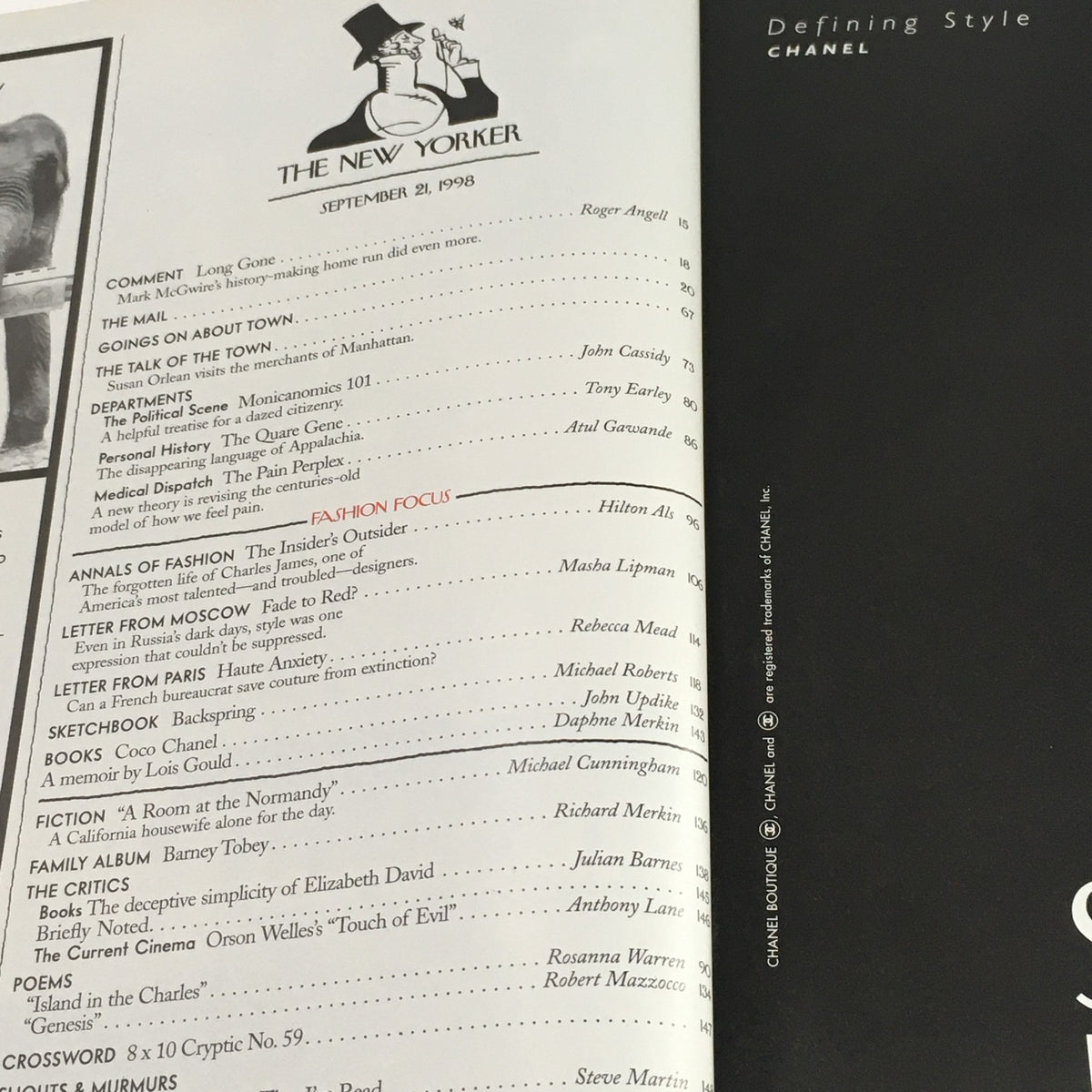 Inside spread of The New Yorker magazine dated September 21, 1998, showcasing the table of contents with various sections listed, including articles and features. Title: The New Yorker Full Magazine September 21 1998 Spot Check by Michael Roberts.