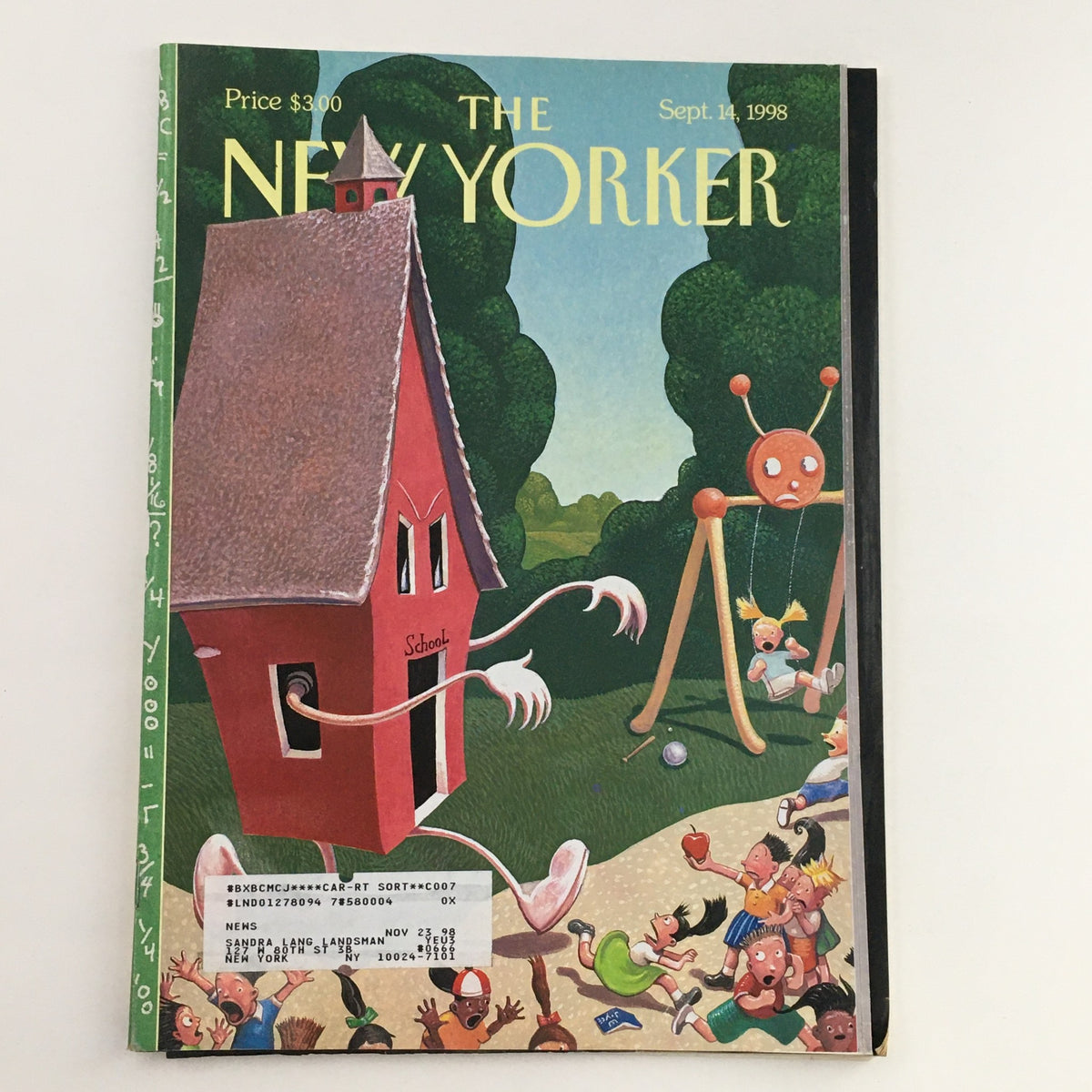 The New Yorker Full Magazine September 14 1998 titled 'Back to School' by William Joyce featuring whimsical school-themed cover art with vibrant colors and playful characters.