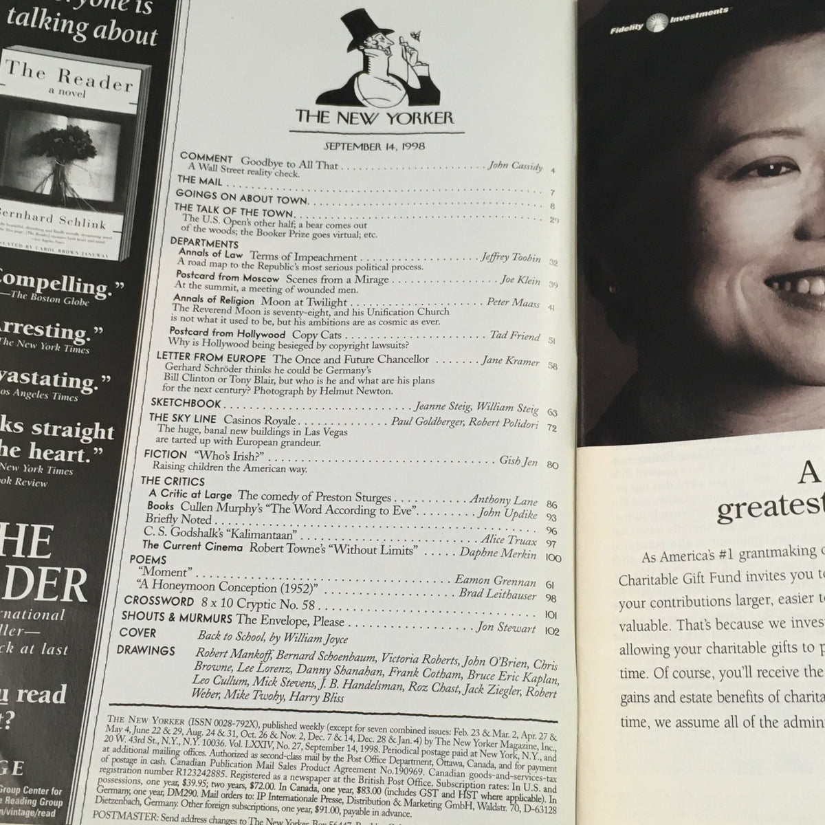 Interior page of The New Yorker Full Magazine September 14 1998, showcasing the table of contents highlighting articles and features within the 'Back to School' issue.