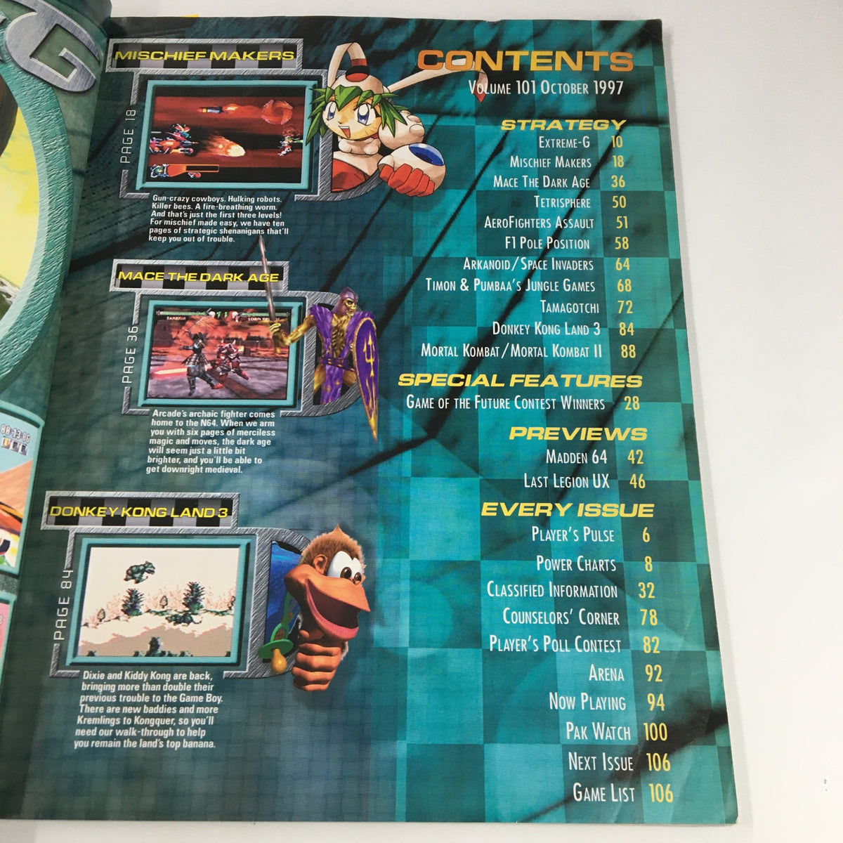 Contents page of Nintendo Power Magazine #101 from October 1997, listing featured games and strategies. Highlights include 'Mischief Makers' and 'Mace the Dark Age'.