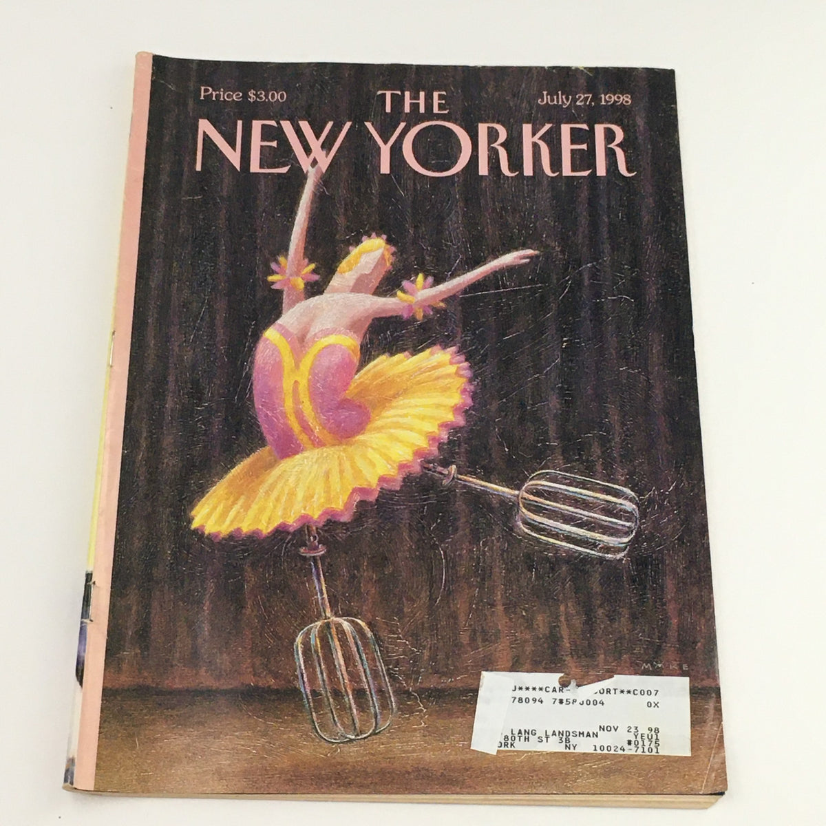 Cover of The New Yorker magazine from July 27, 1998, featuring the title 'The New Yorker' prominently at the top, with vibrant artwork depicting a dancer in a yellow tutu, symbolizing a stirring performance. The magazine is priced at $3.00 and showcases the date clearly.