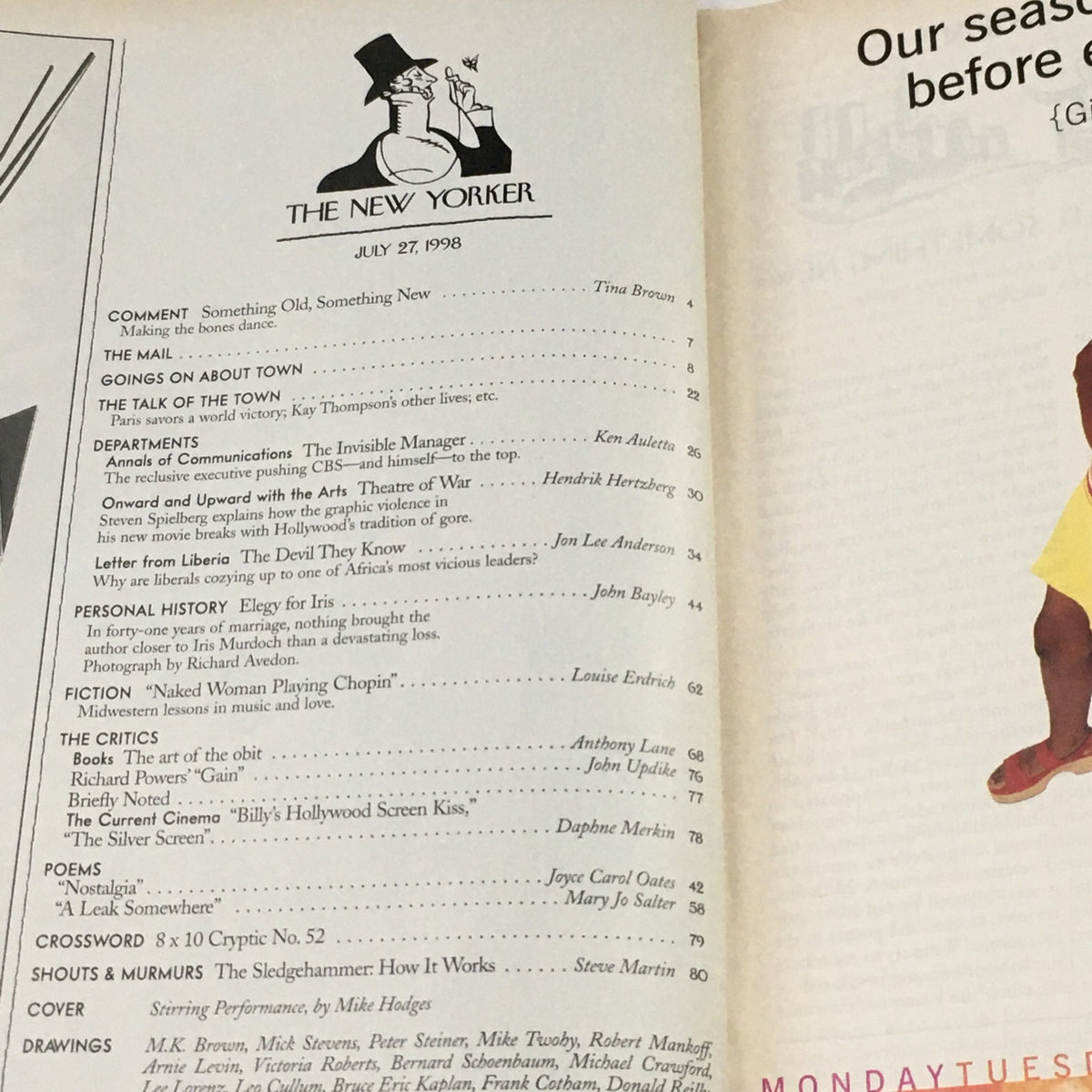 Table of contents page from The New Yorker magazine, July 27, 1998, listing articles and features including comments and essays, with a cartoon illustration related to the publication's iconic style.