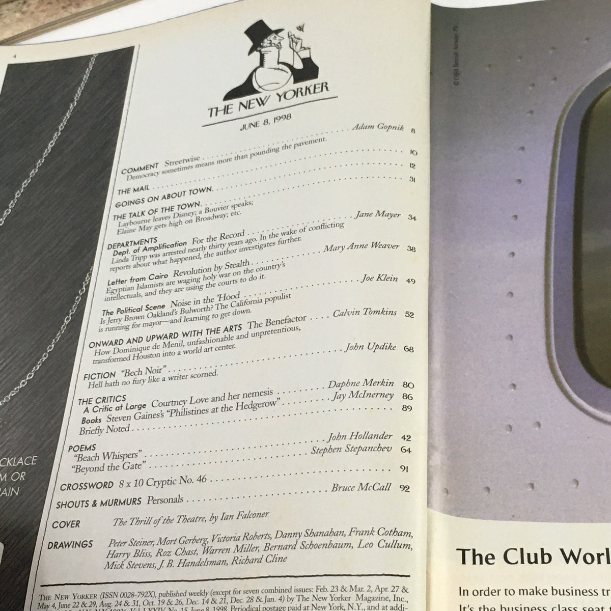 Table of contents page from The New Yorker Full Magazine June 8 1998, listing various articles and features including 'The Thrill of the Theatre'.