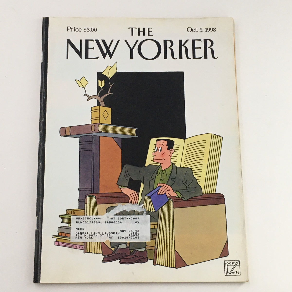 Cover of The New Yorker Full Magazine October 5 1998 featuring artwork by Joost Swarte, depicting a man sitting in a chair surrounded by books, with the magazine title prominently displayed.