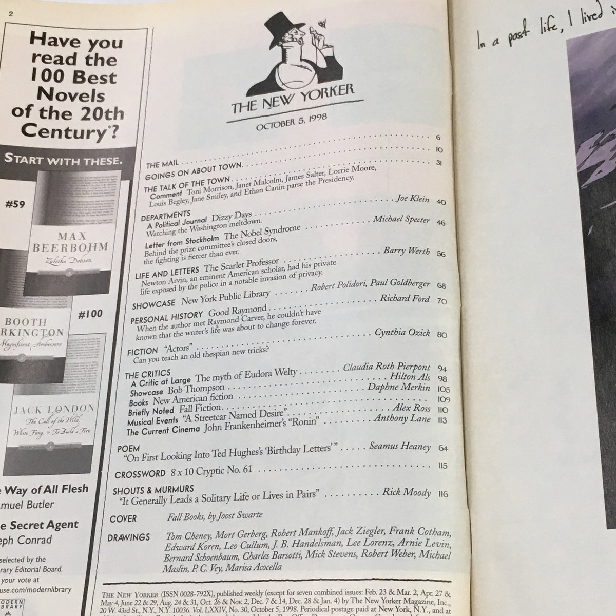 Table of contents of The New Yorker magazine from October 5, 1998, featuring an illustration and articles related to literature and culture, including 'Fall Books' by Joost Swarte.