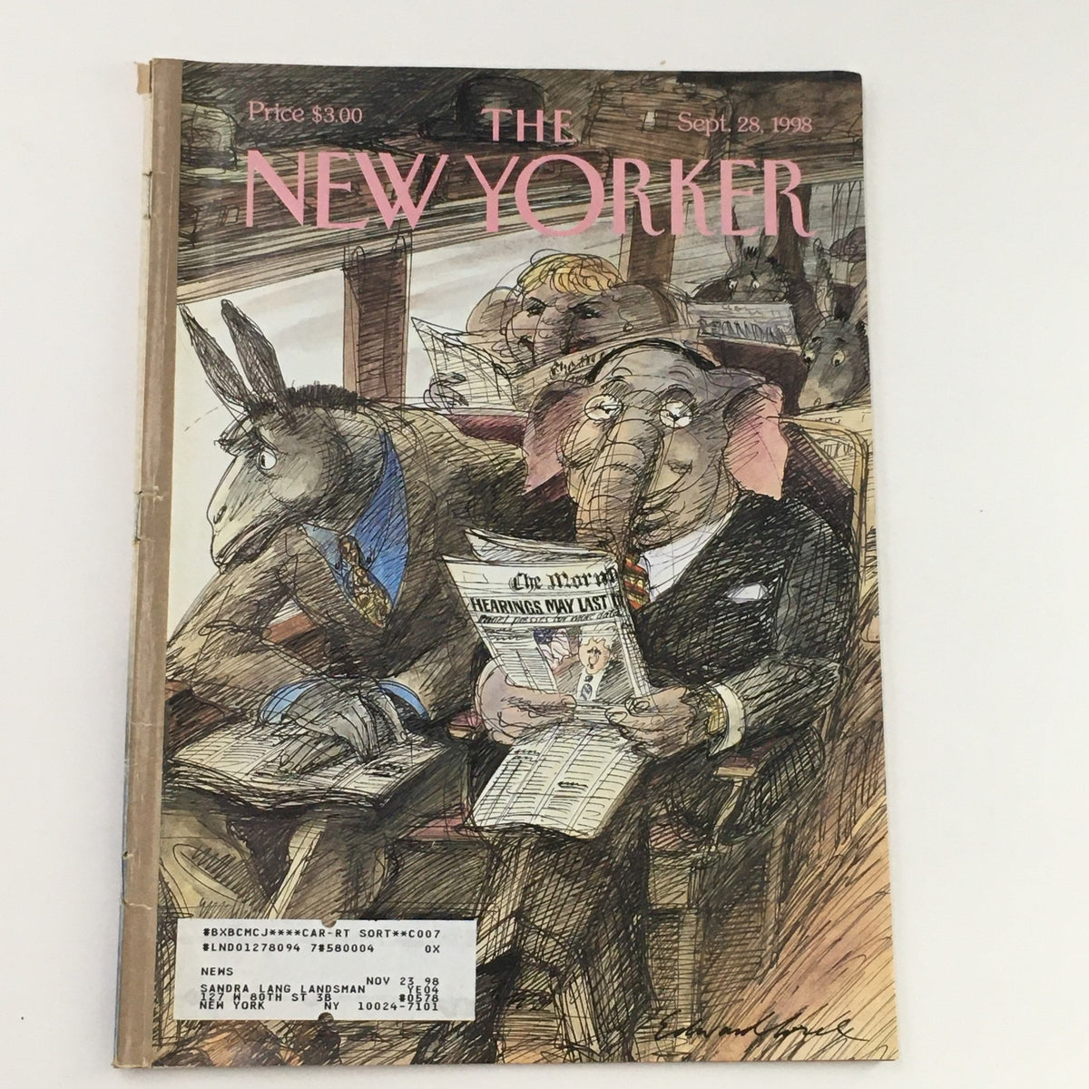 Cover of The New Yorker magazine, September 28, 1998, featuring editorial cartoon by Edward Sorel with a political theme showcasing animals representing political parties.