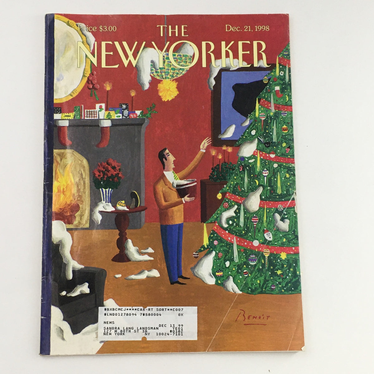 Cover of The New Yorker December 21, 1998 featuring festive artwork by Benoit van Innis, depicting a man in a living room with a Christmas tree and holiday decorations.