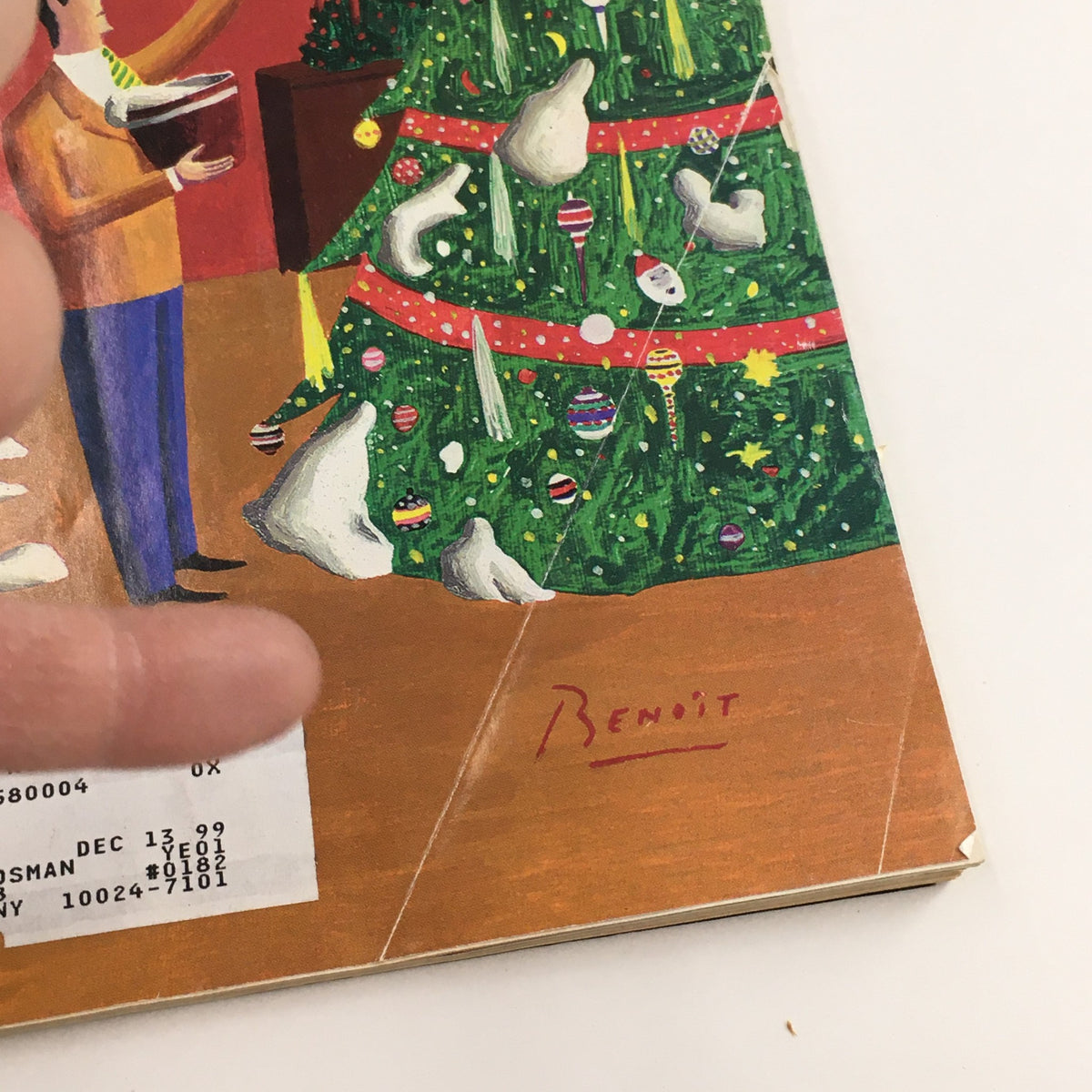 Close-up of the festive cover art from The New Yorker December 21, 1998, showcasing Christmas decorations and a signature by artist Benoit van Innis.