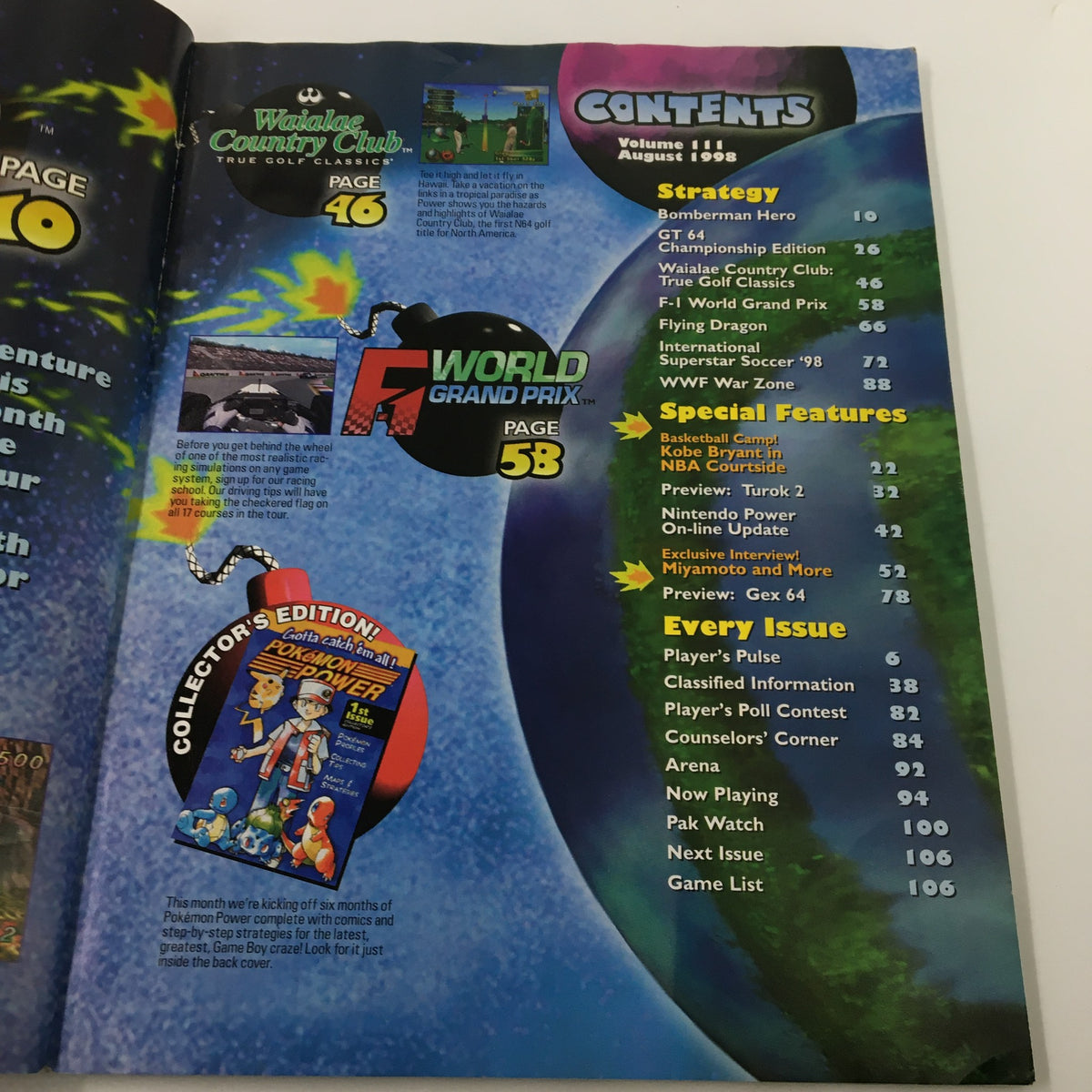 Contents page of Nintendo Power Magazine #111, highlighting games such as Bomberman Hero and F1 World Grand Prix with colorful graphics.