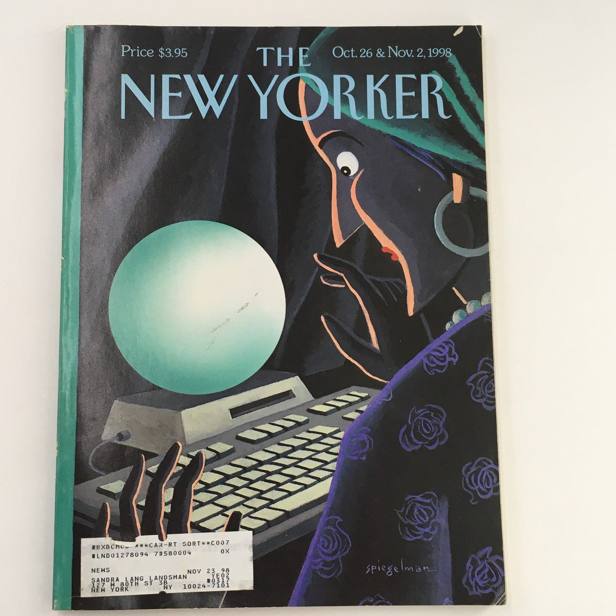 Cover of The New Yorker Full Magazine October 26 1998 featuring illustration by Art Spiegelman, depicting a woman looking at a computer with a glowing orb.