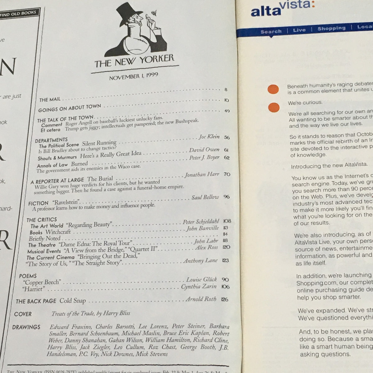 Interior pages of The New Yorker November 1 1999 featuring the table of contents and articles, highlighting Harry Bliss cover art.