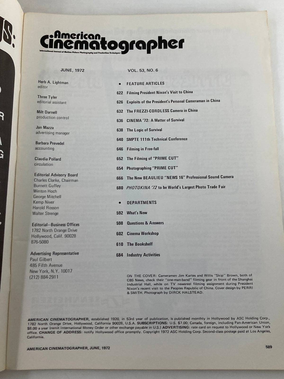 Inside page of American Cinematographer Magazine June 1972 outlining key features and articles, emphasizing the publication's focus on cinematography techniques and industry insights.