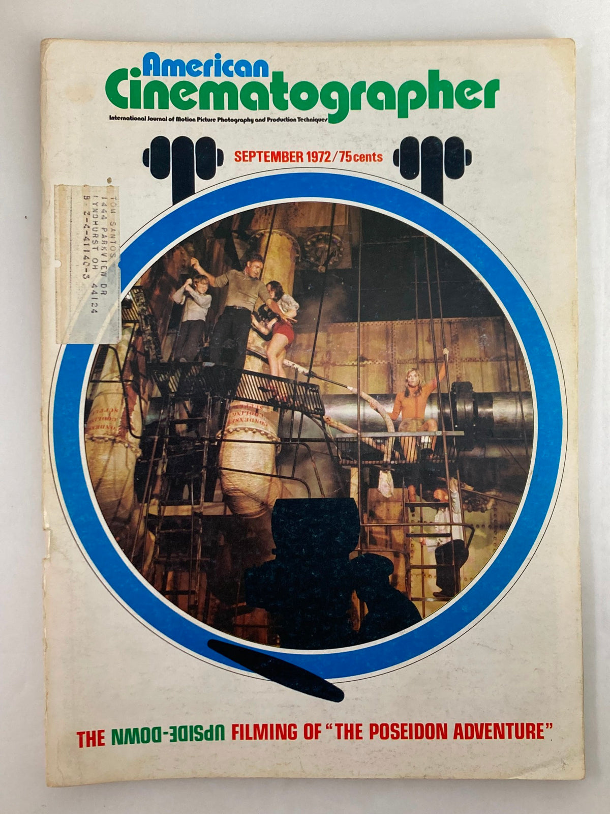 Cover of American Cinematographer Magazine September 1972 featuring a scene from 'The Poseidon Adventure' with images of actors and filmmaking equipment.