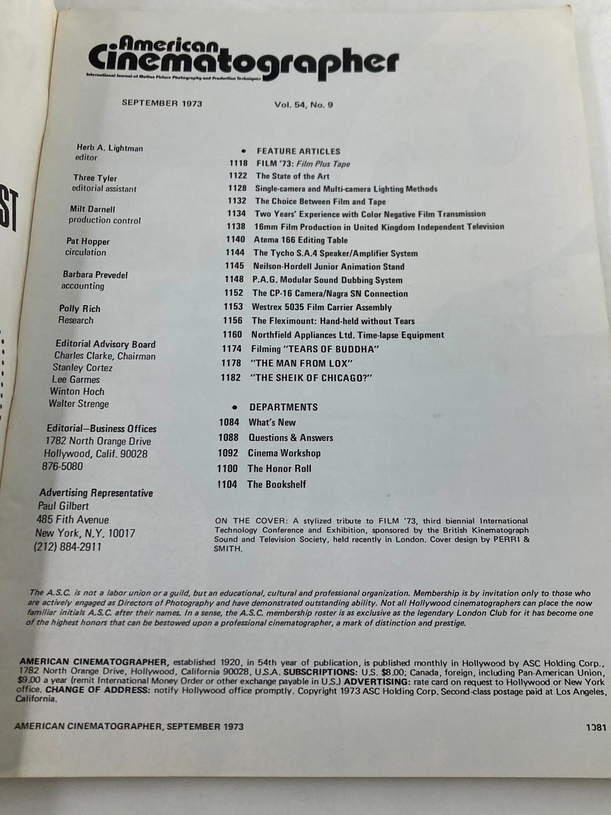 Interior page of American Cinematographer Magazine September 1973, detailing feature articles and departments, including topics on film production and cinematography techniques. The layout offers insights into the content of this vintage film industry publication.