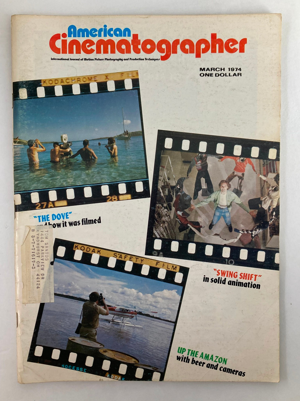 Cover of American Cinematographer Magazine March 1974 featuring articles on 'The Dove' and 'Swing Shift' with images depicting behind-the-scenes filmmaking techniques.