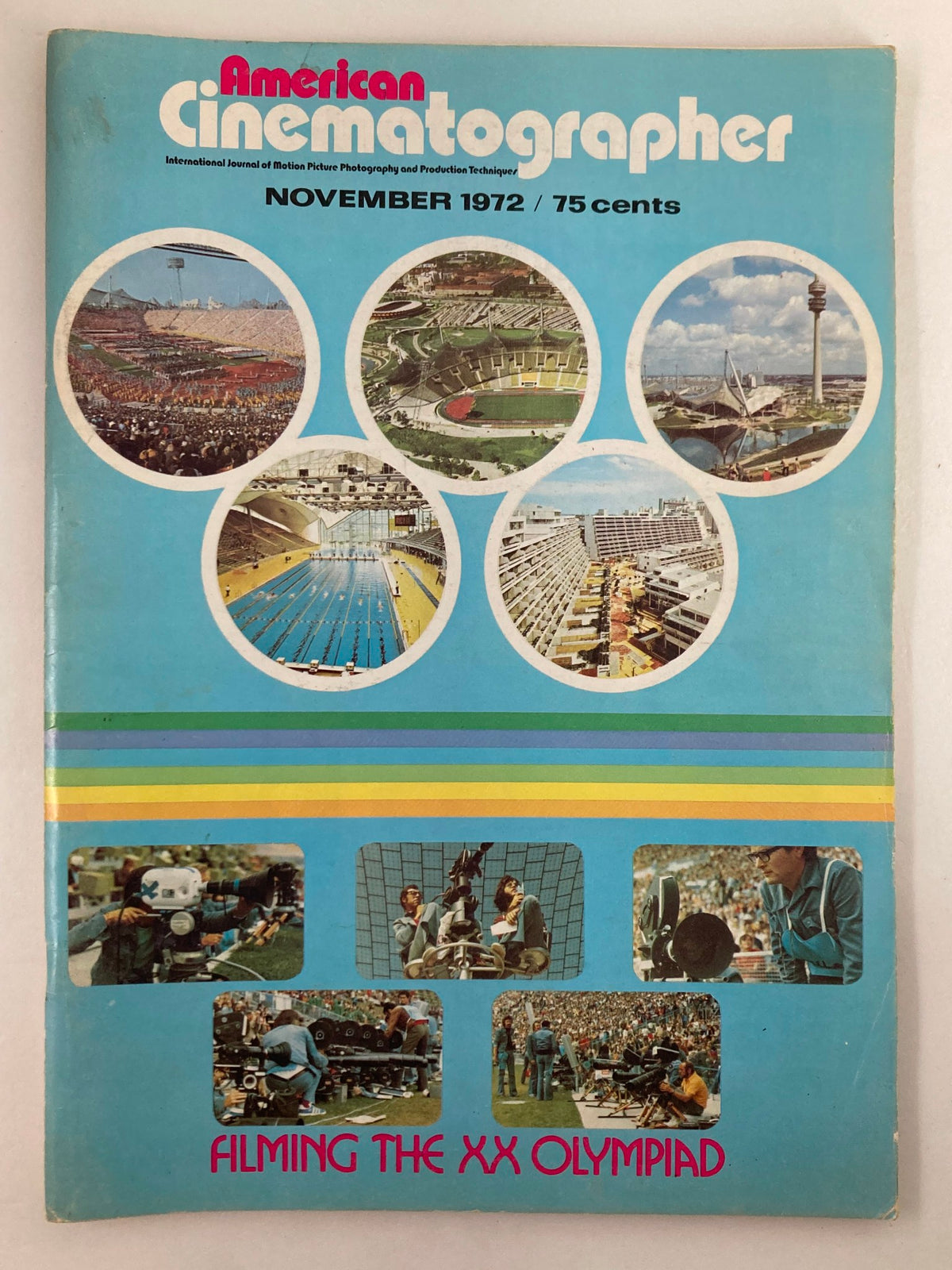 Cover of American Cinematographer Magazine, November 1972 edition, featuring 'Filming the XX Olympiad' theme with images of Olympic venues, athletes, and cinematography equipment.