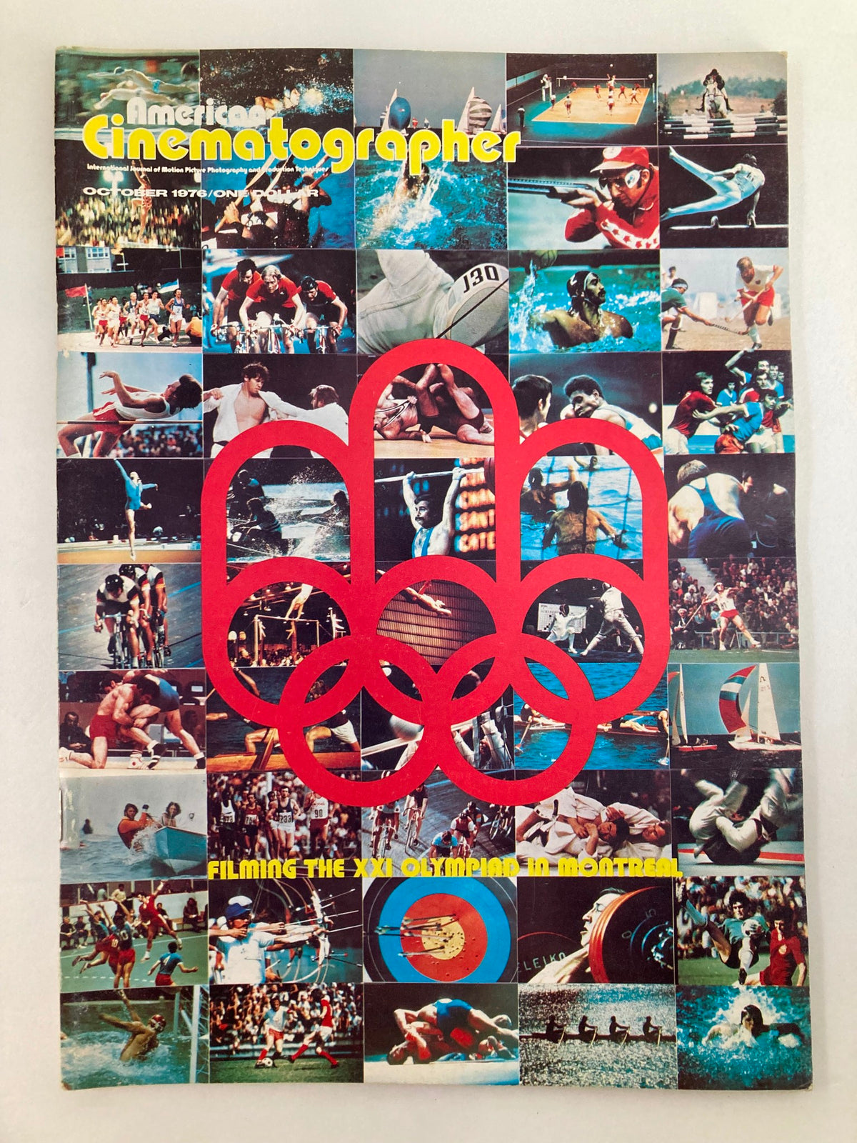 Cover of American Cinematographer Magazine from October 1976 featuring the XX Olympiad in Montreal, showcasing a montage of Olympic sports photography and vibrant graphics.