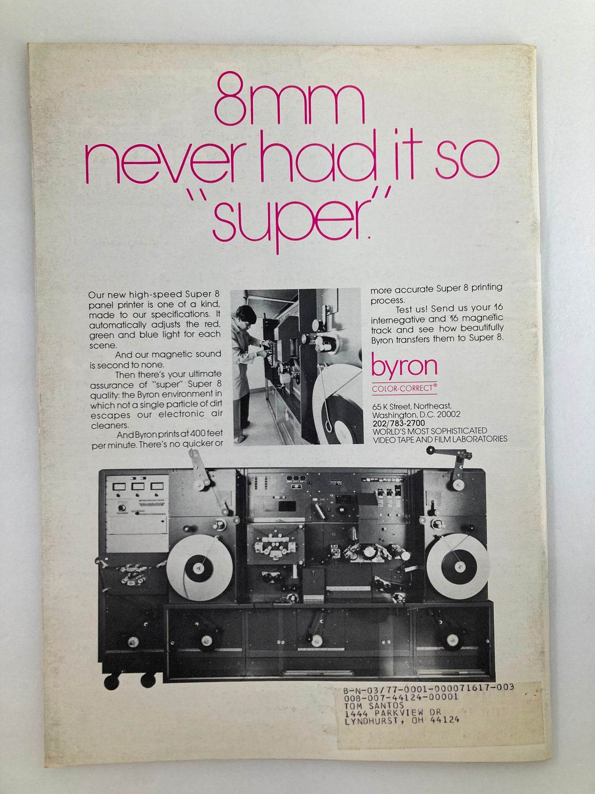 Back cover of American Cinematographer Magazine from October 1976, advertising Super 8 film printing services with vintage imagery and graphics.