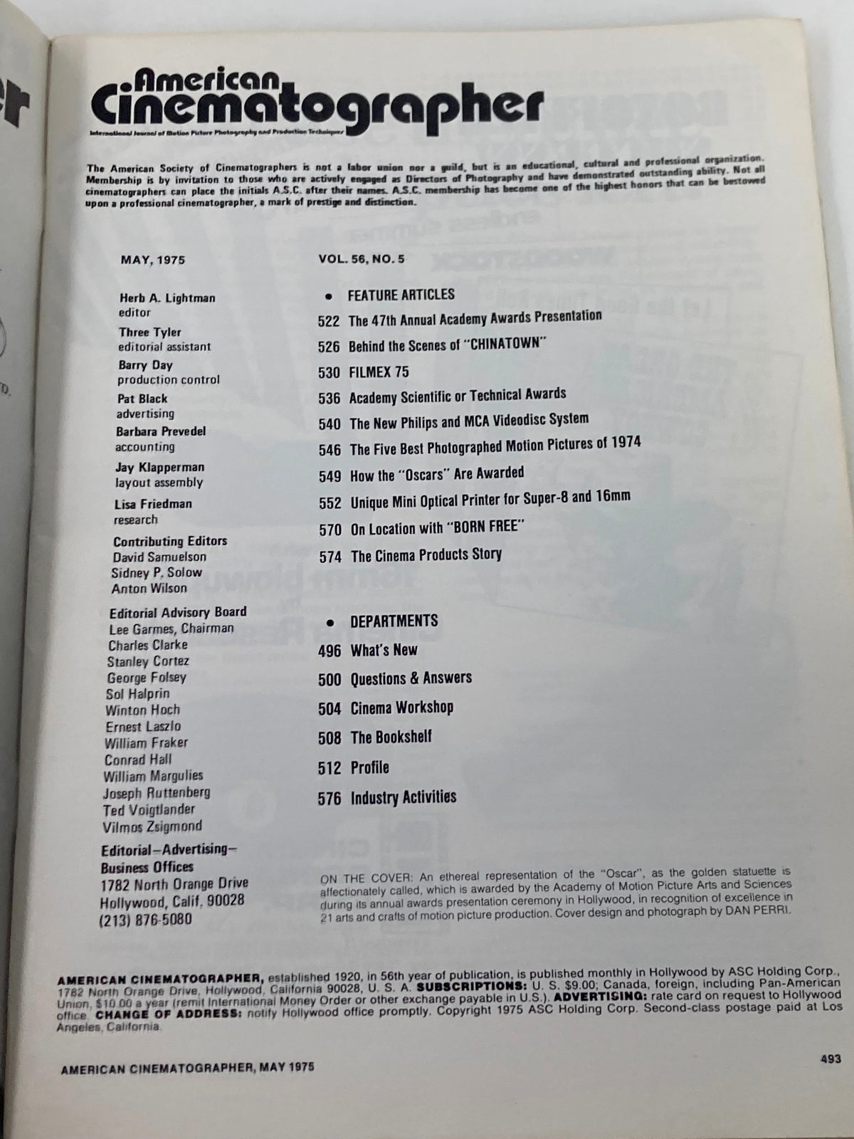 American Cinematographer Magazine May 1975 The 47th Annual Acamdemy Awards