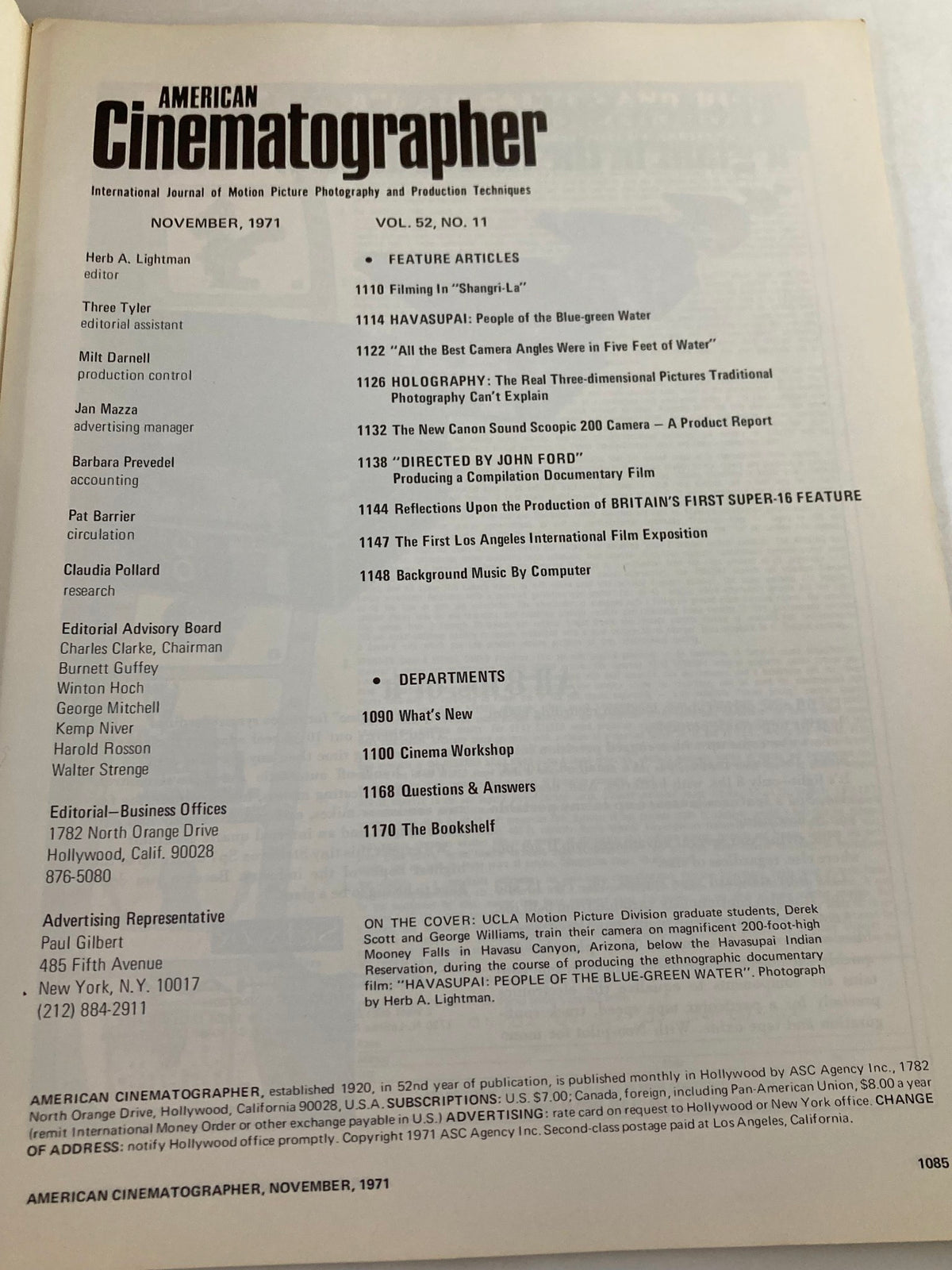Interior page of American Cinematographer Magazine November 1971 showcasing article titles, including 'Filming in Shangri-La', alongside editorial details and feature articles.