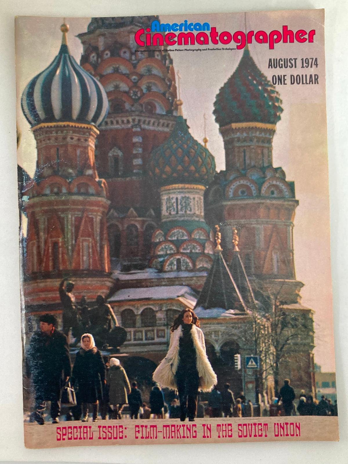 Cover of American Cinematographer Magazine August 1974 featuring St. Basil's Cathedral and a woman in a fur coat, highlighting the special issue on film-making in the Soviet Union.
