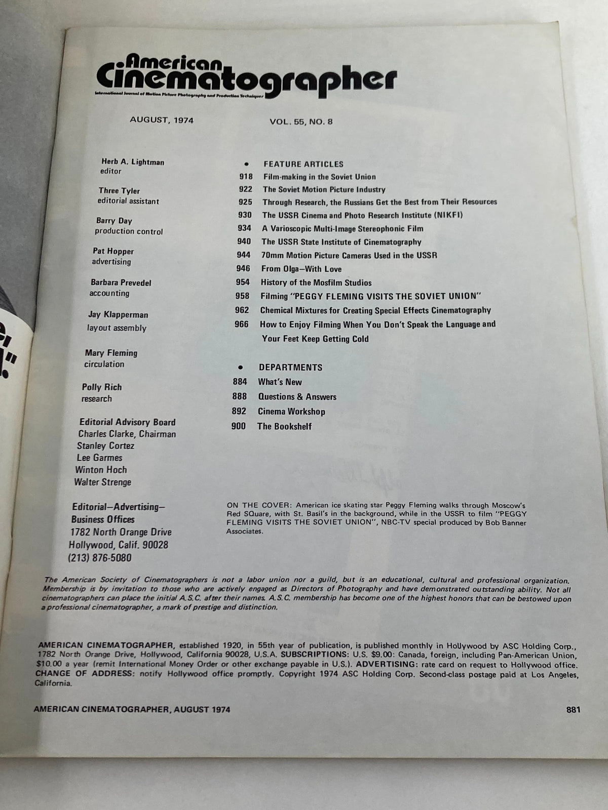 Inside page of American Cinematographer Magazine August 1974, detailing features and articles including film techniques from the Soviet Union and the film industry during that time.