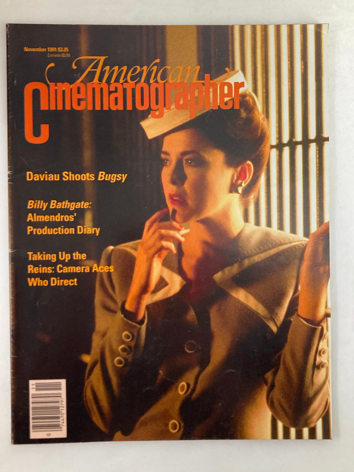 Cover of American Cinematographer Magazine November 1991 featuring Annette Bening, showcasing highlights of Hollywood cinematography and film history.
