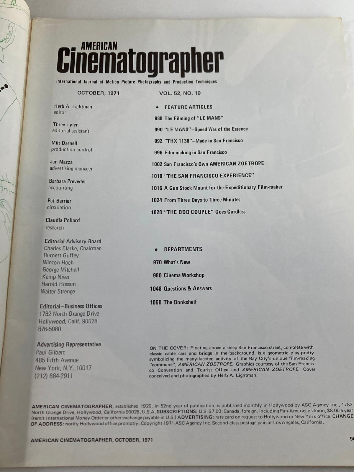 Table of contents from American Cinematographer Magazine, October 1971, listing feature articles including 'Film-making in San Francisco'.