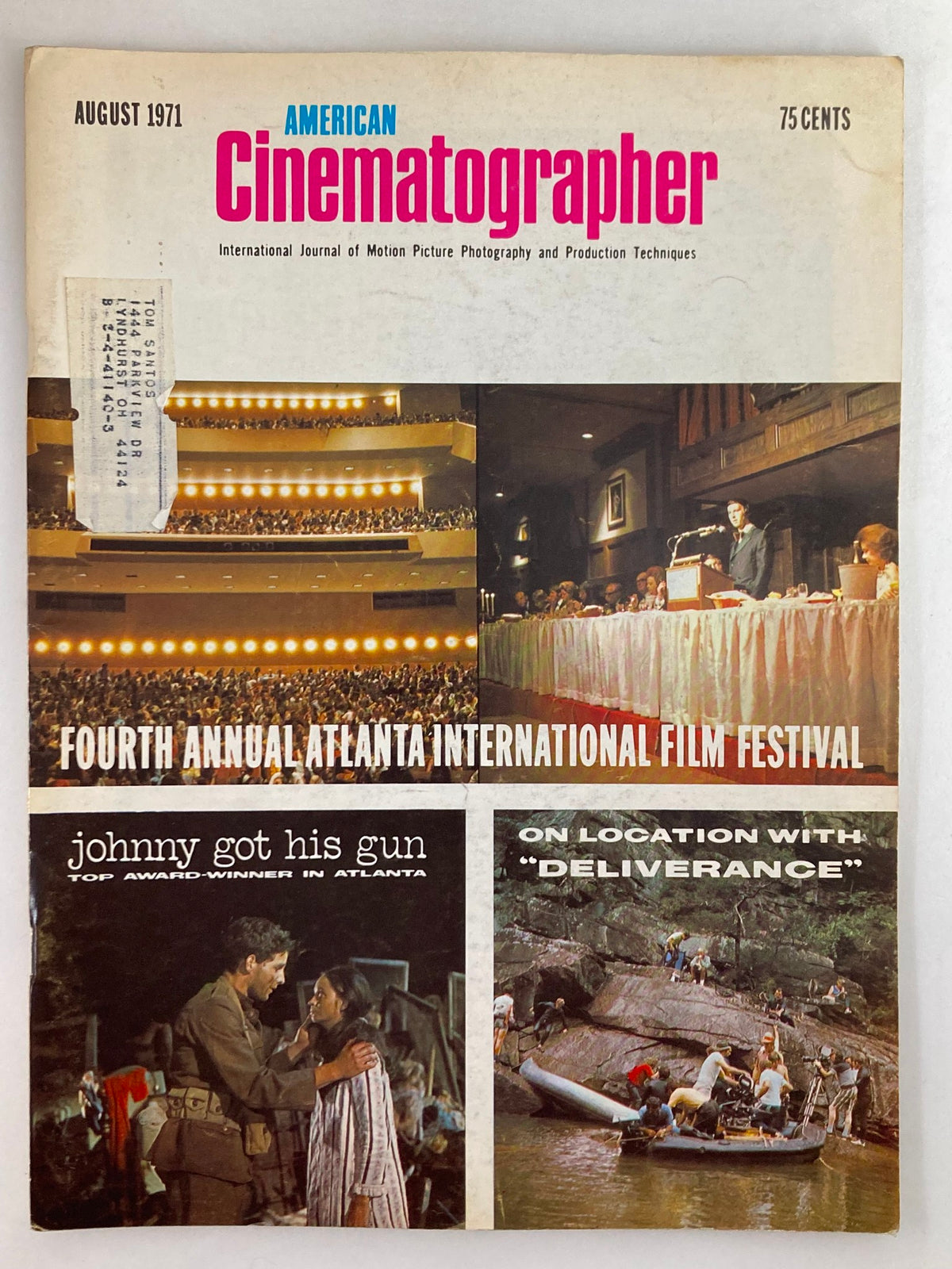 Cover of American Cinematographer Magazine from August 1971 featuring an overview of the Fourth Annual Atlanta International Film Festival, including images related to 'Johnny Got His Gun' and 'Deliverance'.