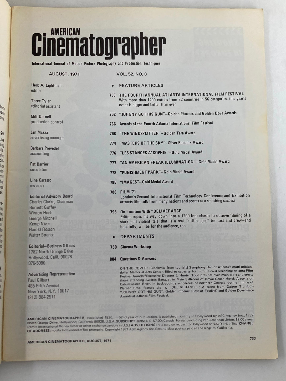 Table of contents page from American Cinematographer Magazine August 1971, listing featured articles including 'Johnny Got His Gun' and 'On Location with Deliverance'.