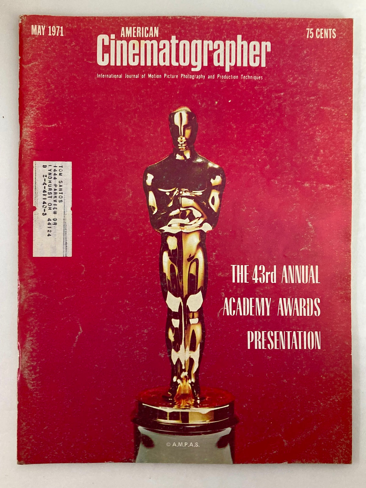 Cover of American Cinematographer Magazine May 1971 featuring the 43rd Annual Academy Awards presentation with an iconic Oscar statuette on a vibrant red background.