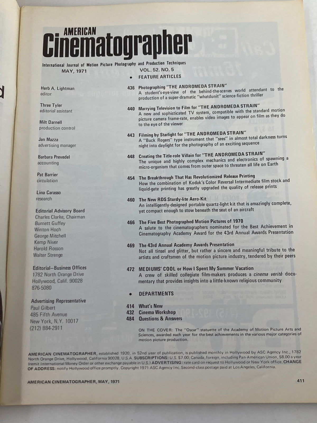 Interior page of American Cinematographer Magazine May 1971 showing the table of contents, highlighting articles and features related to the 43rd Annual Academy Awards.