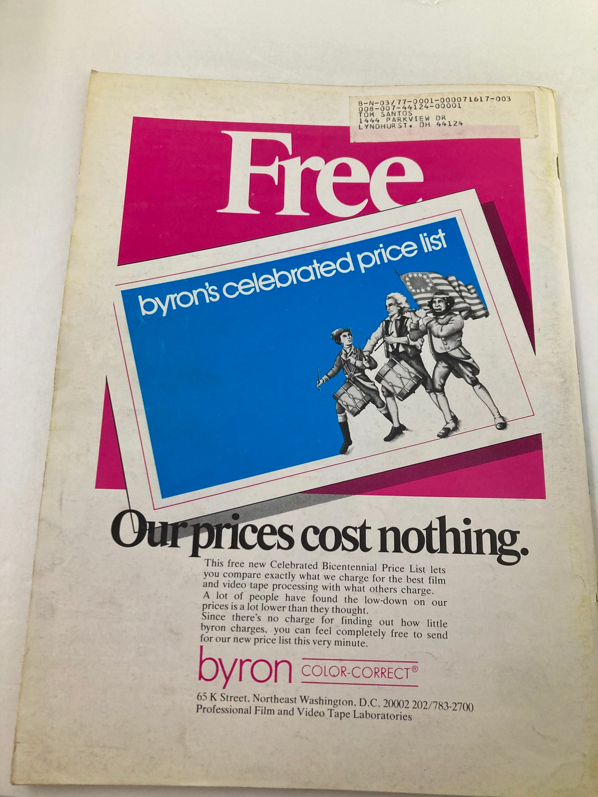 Back cover of the American Cinematographer magazine from November 1976, showcasing a promotional flyer for Byron's price list.