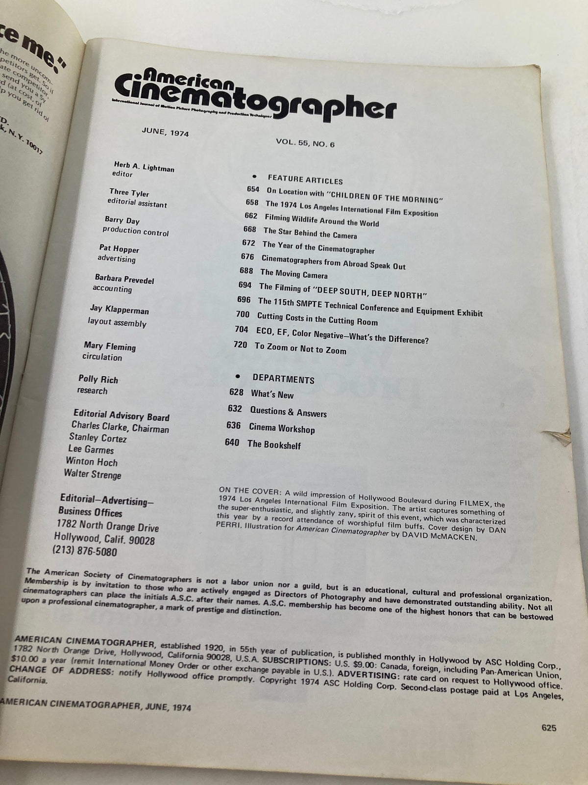 Inside page of American Cinematographer Magazine, June 1974, listing feature articles, including highlights about cinematographers and the film industry.