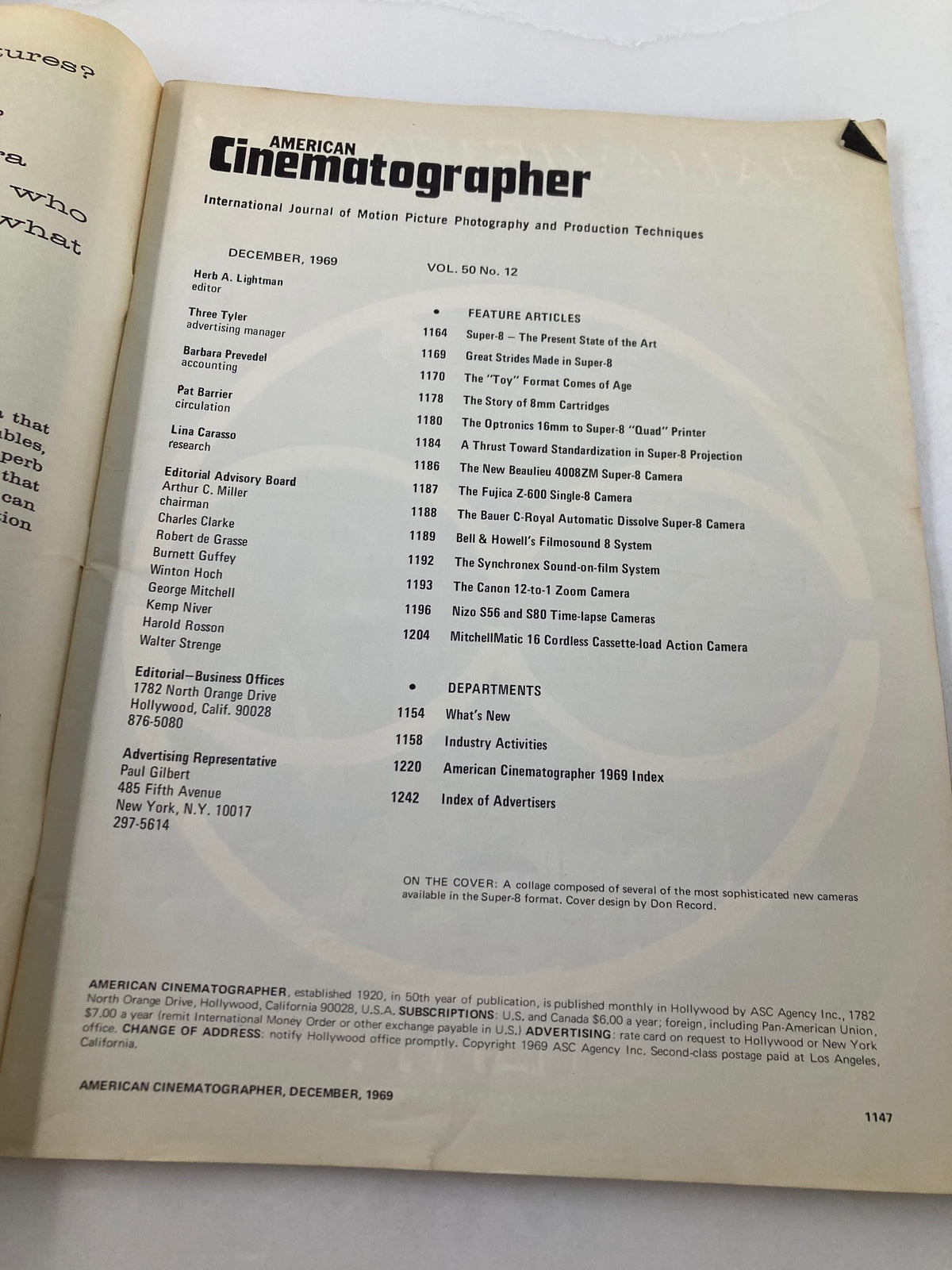 Table of contents page from American Cinematographer Magazine December 1969 detailing featured articles on Super-8 cameras and film techniques.