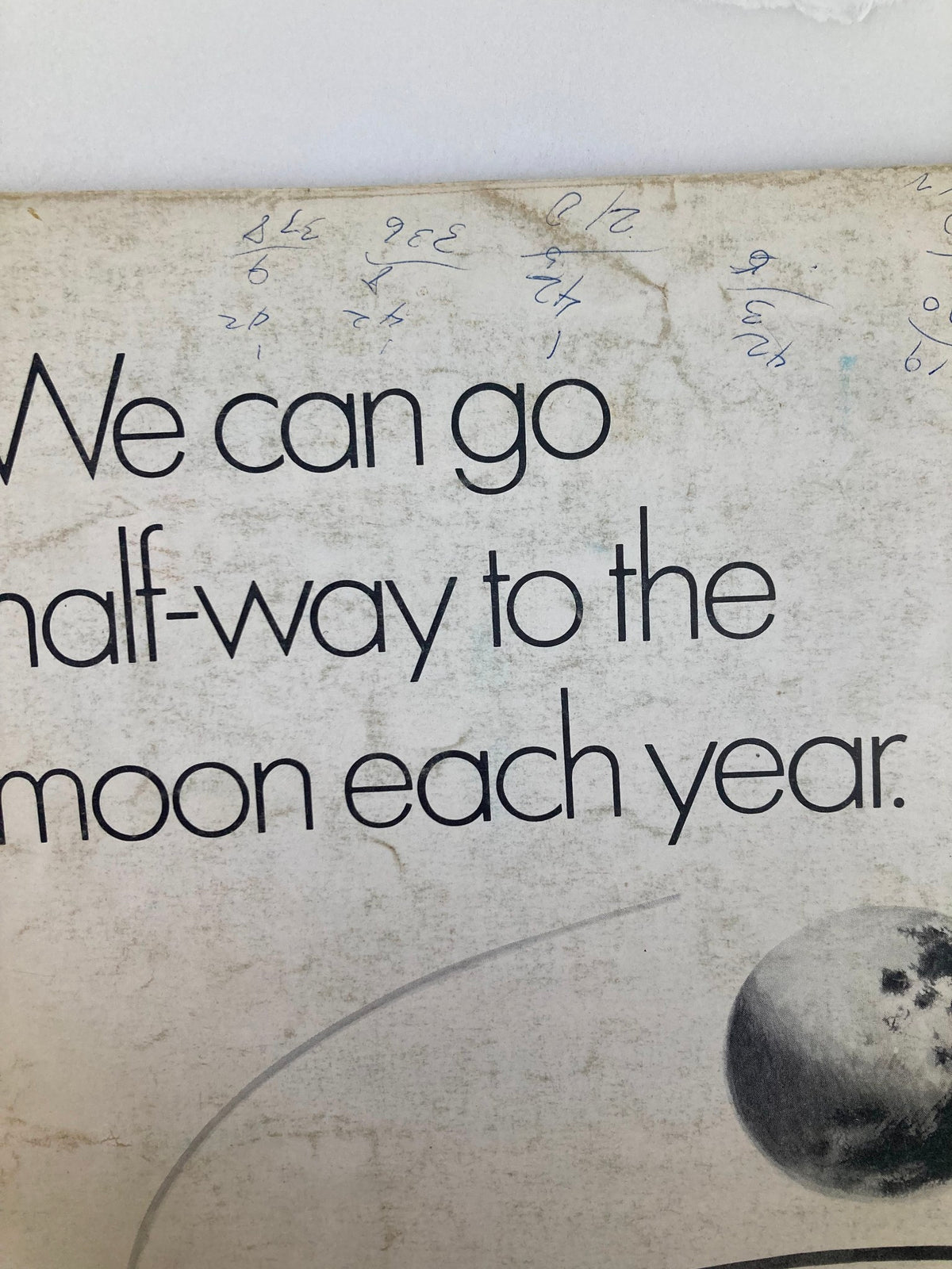 Close-up of the back cover of American Cinematographer Magazine December 1969 with the text 'We can go half-way to the moon each year' and additional hand-written notes.